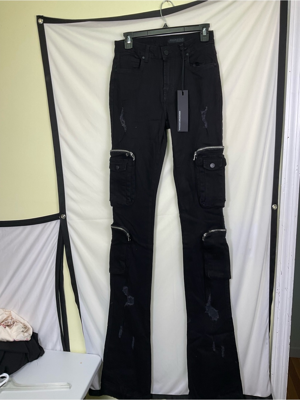 Men’s Black Straight Cargo Jeans with Zip Details
